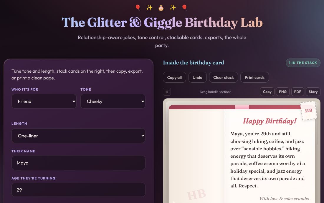 Birthday Card Helper showing the card form and a generated birthday card for Maya